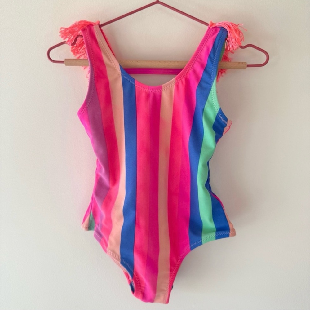 Shade Critters Rainbow Fringe One-Piece Swimsuit Girls 2T Pink Blue Stripe - Picture 2 of 5